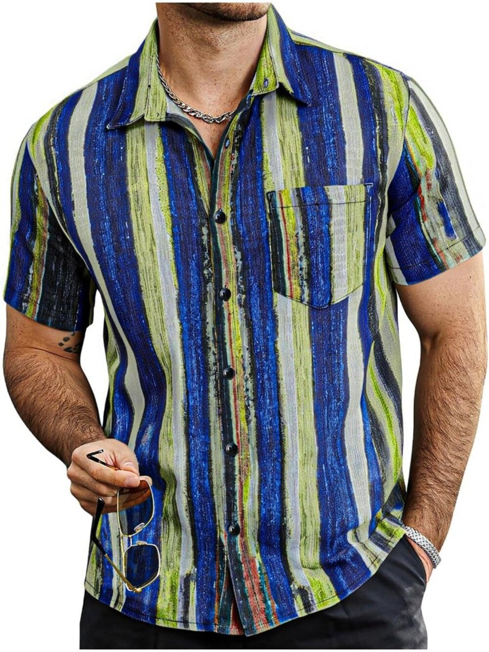 Men's Blueyellow Gray Short Sleeve Collared Button Down Beach Shirt with Pocket